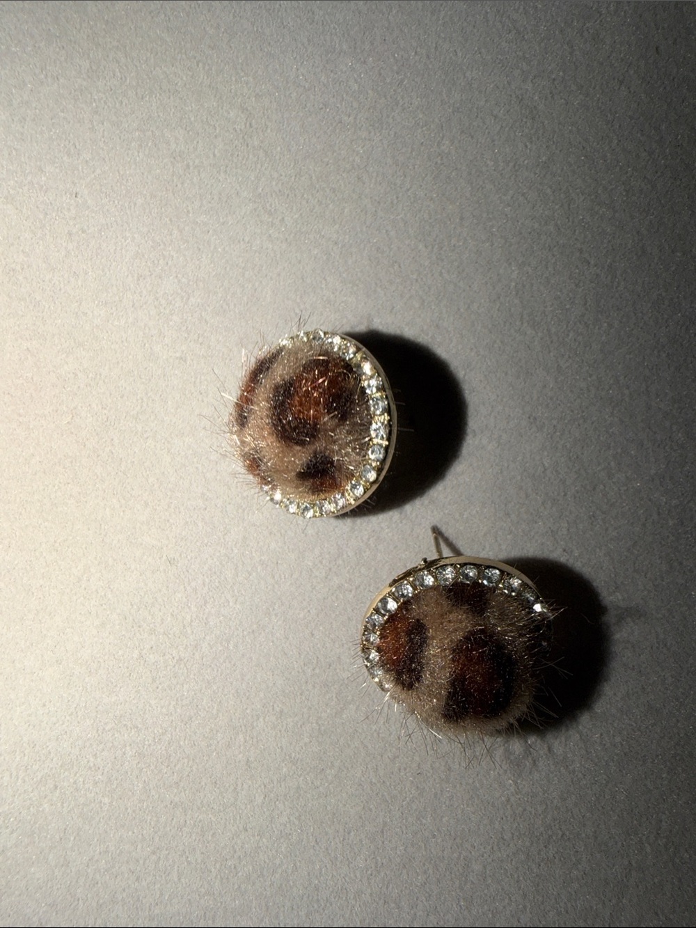 Leopard Print Faux Fur Stud Earrings with Rhinestone Halo - Brown